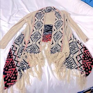 Pink Rose Aztec Fringe Hem Cardigan